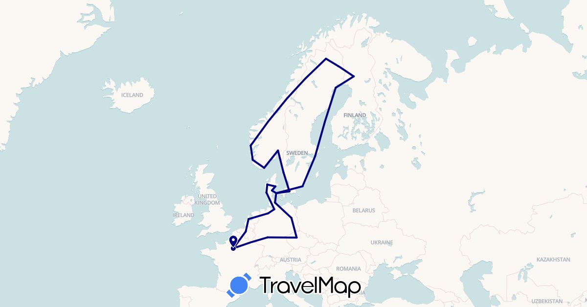 TravelMap itinerary: driving in Belgium, Czech Republic, Germany, Denmark, Finland, France, Netherlands, Norway, Sweden (Europe)
